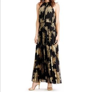 Metallic-Print Pleated Blouson Gown.